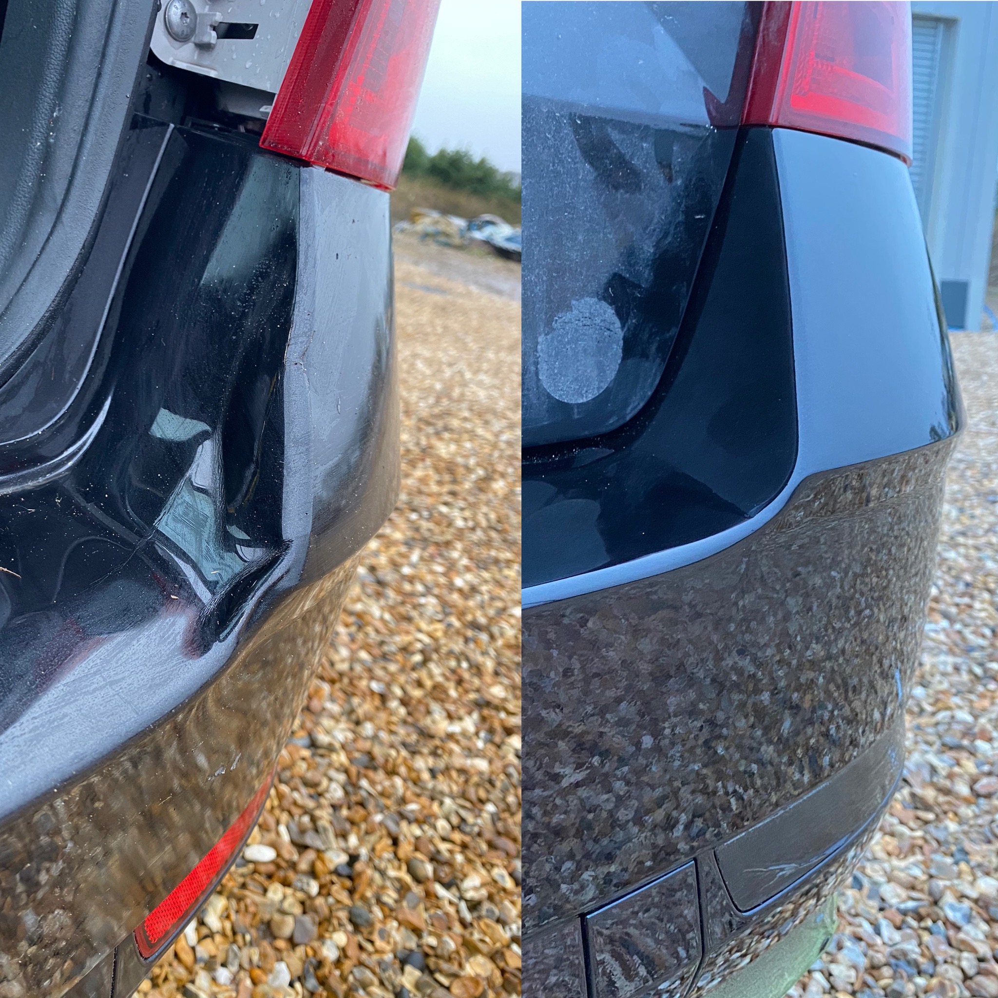 Before and after: a scuffed dark rear bumper corner, then the same corner repaired