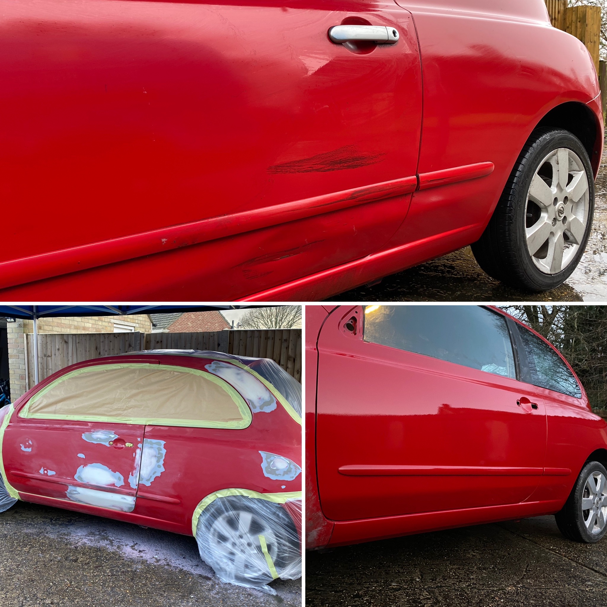 Red hatchback with scraped door and rear wing, then masked up and primed, then finished in red