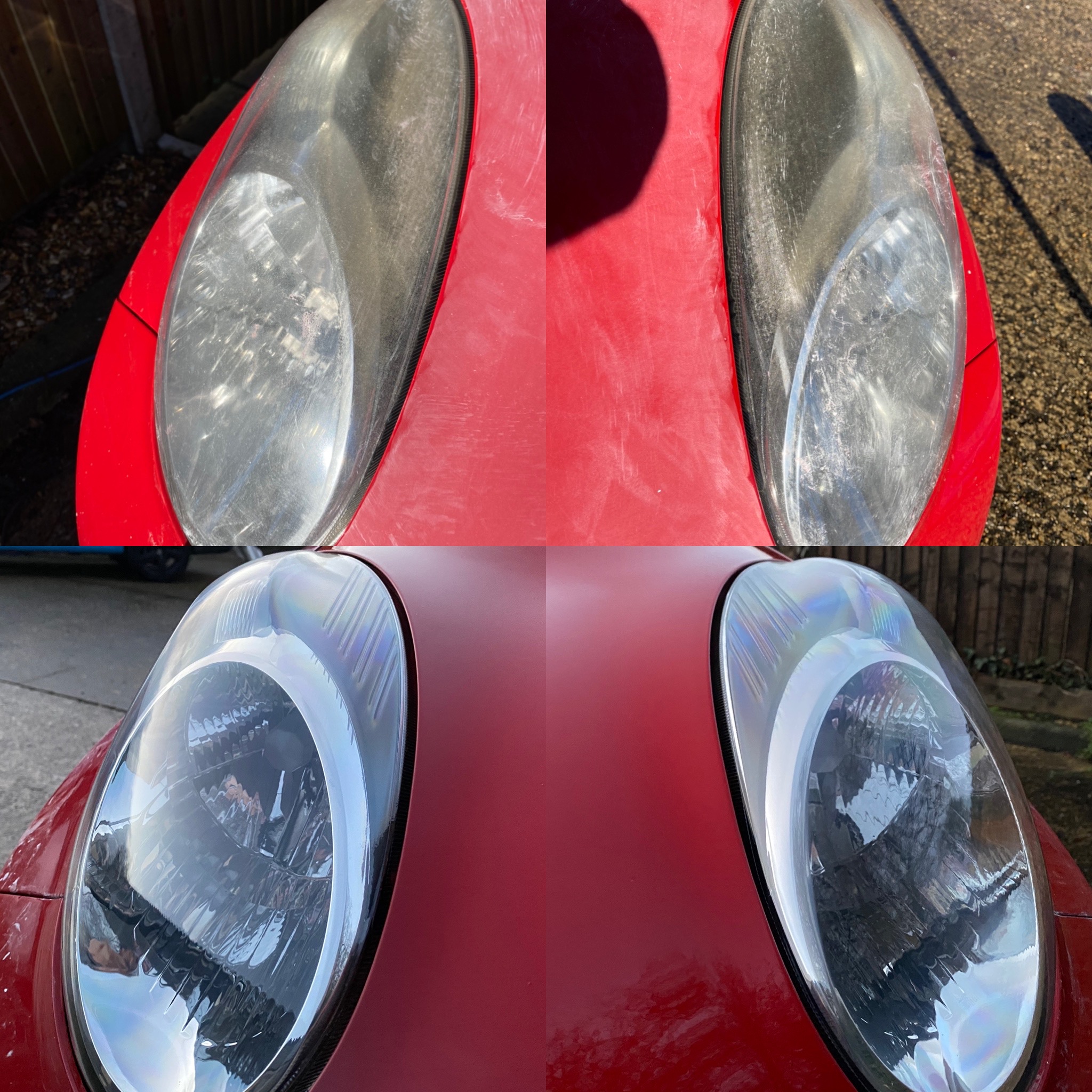 Before and after photos of the front of a red car
